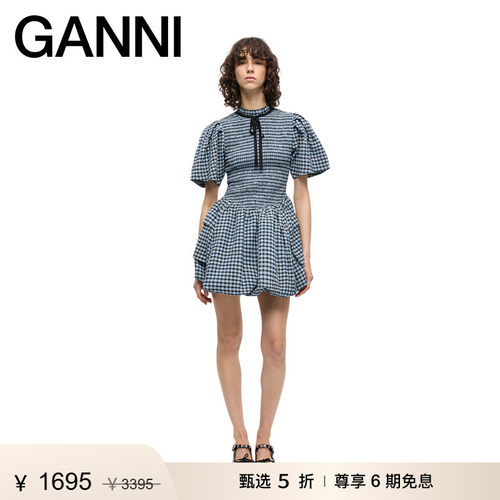 【惊喜首降】GANNI女装 泡泡纱格纹泡泡袖连衣裙蓬蓬裙 W0743326