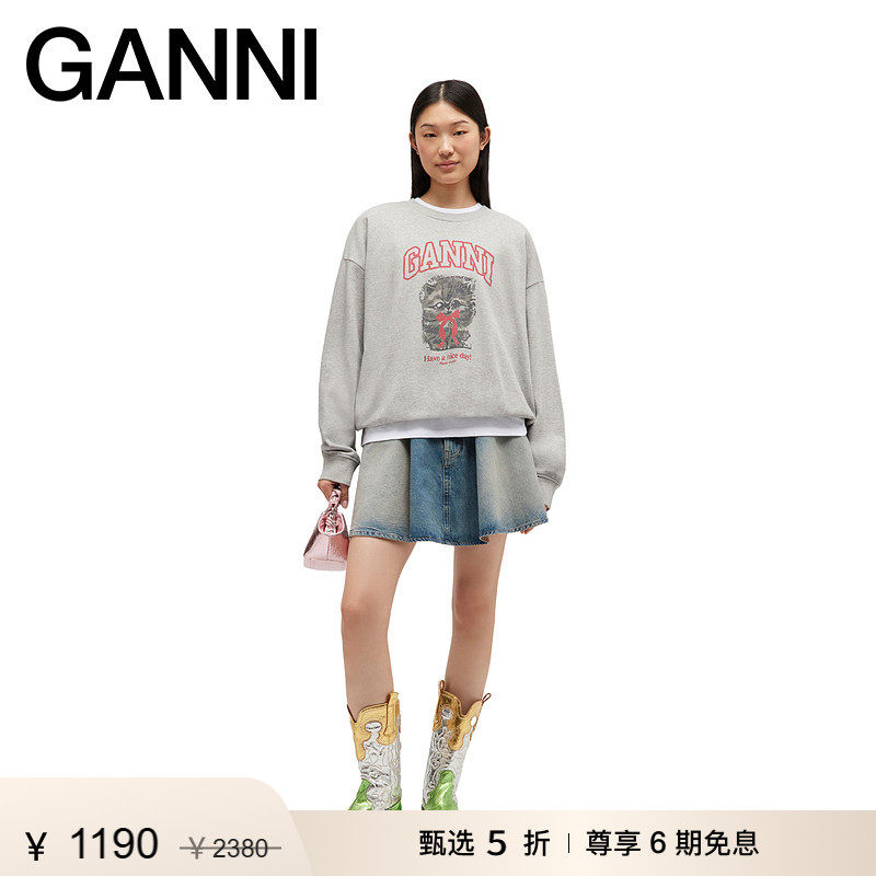【甄选折扣】GANNI女装 灰色小猫宽松休闲风连帽卫衣 A1060016920