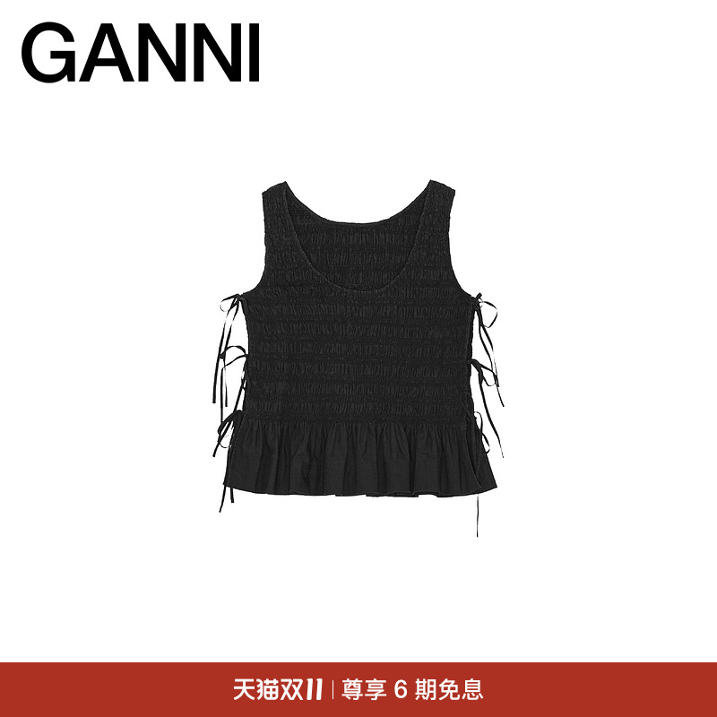 GANNI女装 黑色系带褶边系带无袖上衣背心 W0565099
