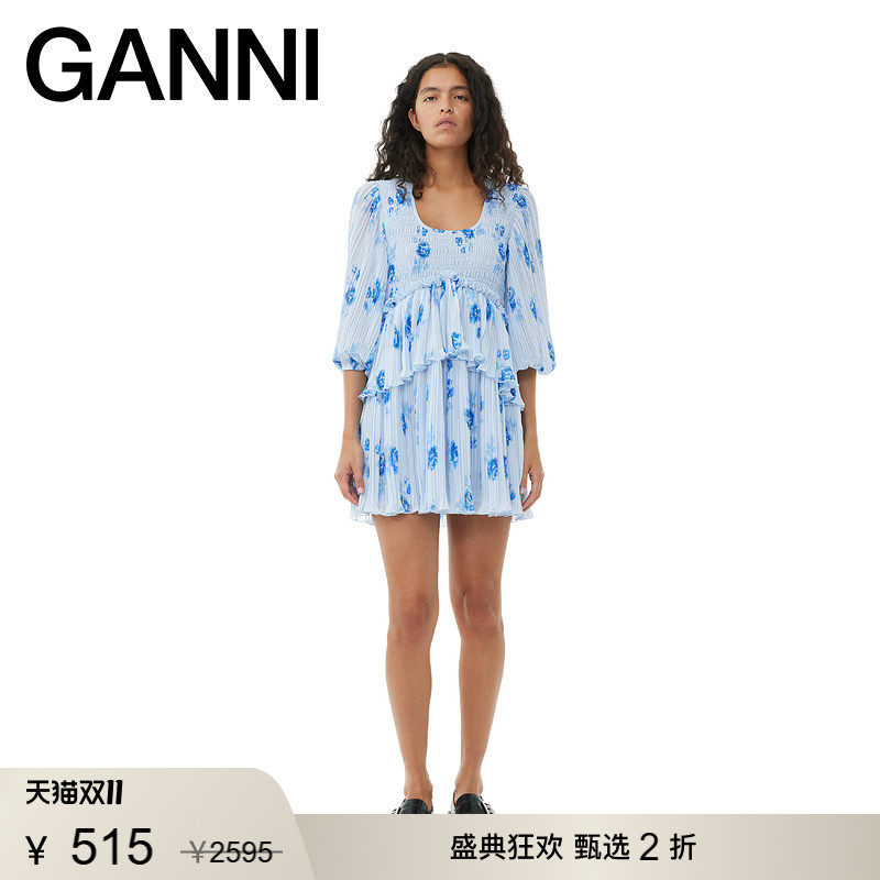【甄选折扣】GANNI女装 U领短款垂感连衣裙夏印花百褶裙 F9162694