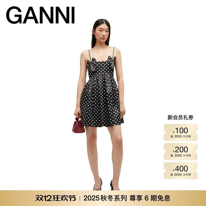 【秋冬新品】GANNI女装 优雅蝴蝶结波点吊带连衣裙 A1030193099