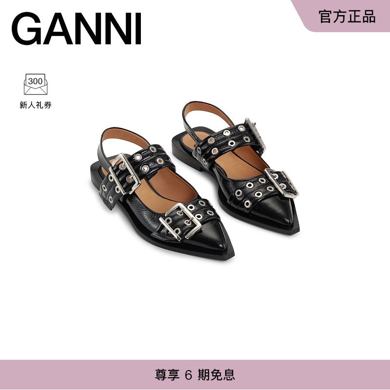 新款尖头黑色皮革女鞋GANNI