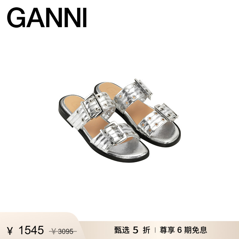 【惊喜首降】GANNI女鞋 银色双搭扣孔眼露趾时尚平底凉鞋S2666018