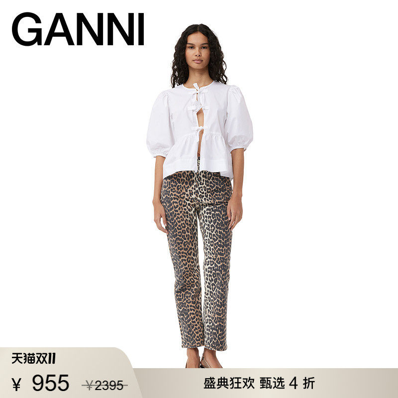 【甄选折扣】GANNI女装 高腰豹纹修身牛仔裤美式喇叭裤 J1059943