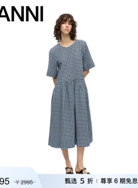 【甄选折扣】GANNI女装 蓝色复古格纹泡泡纱连衣裙长裙 W0696326