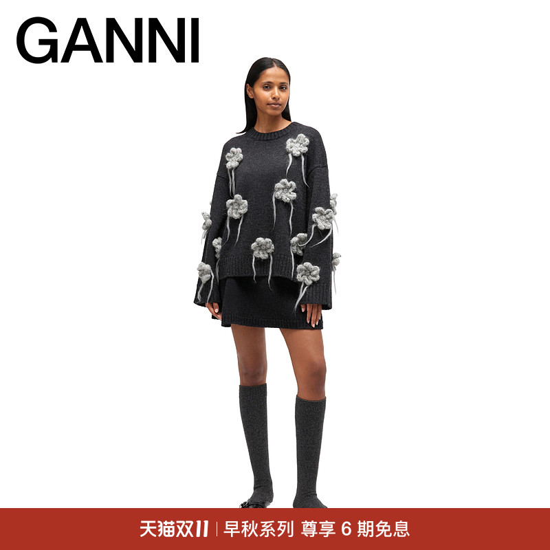 【早秋新品】GANNI女装 花卉勾针优雅针织套衫祖母风毛衣K2624252
