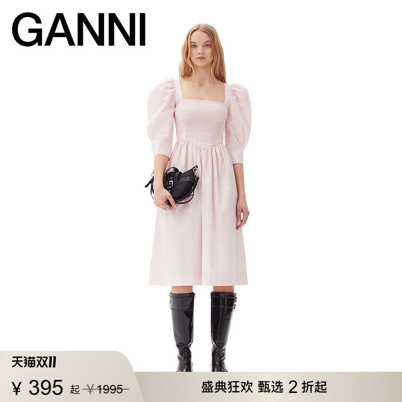 【甄选折扣】GANNI女装 粉色少女感泡泡袖中长款连衣裙 F9691868