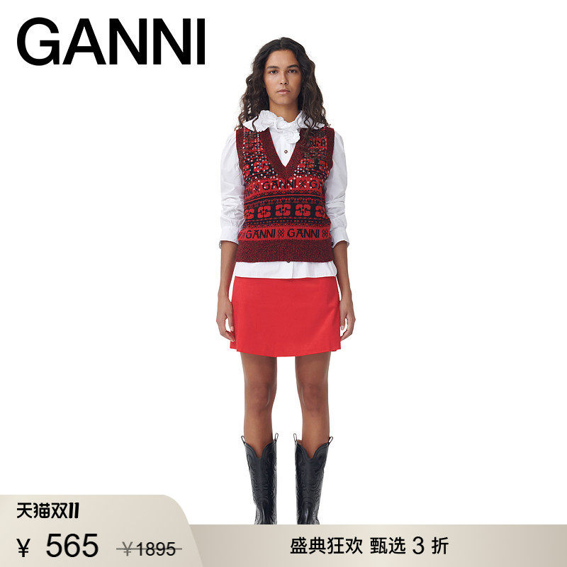 【甄选折扣】GANNI女装 红色棉质修身百搭短裙夏半身裙 F8785472