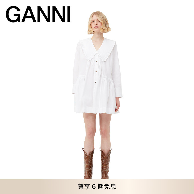 GANNI女装 白色甜美法式娃娃领短款早秋长袖衬衫连衣裙 F8634151