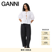 棉府绸衬衫 GANNI女装 白色系带泡泡袖 上衣