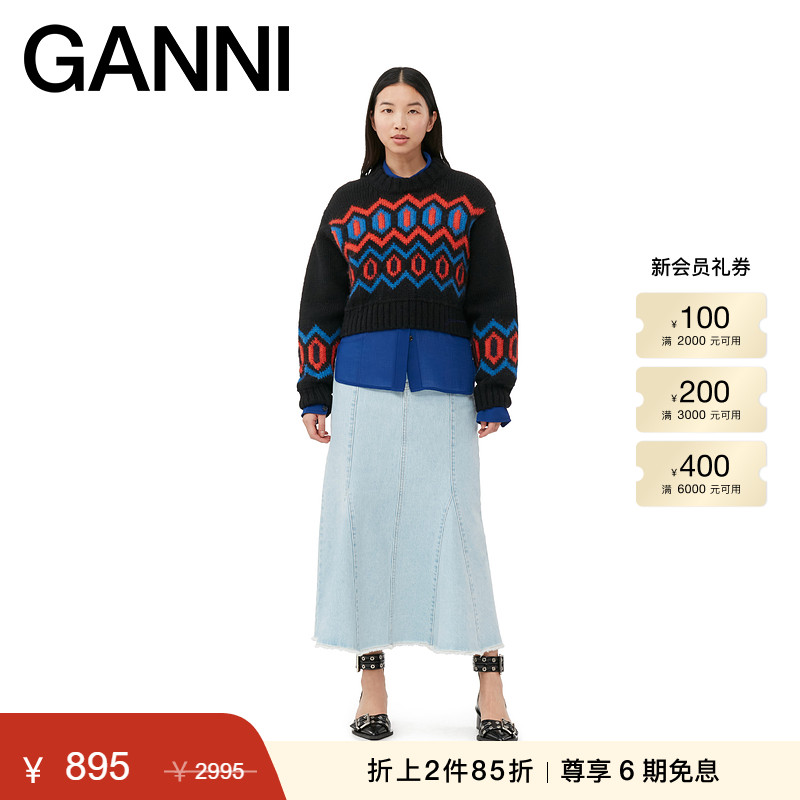 新品厚实提花绵羊毛衫GANNI