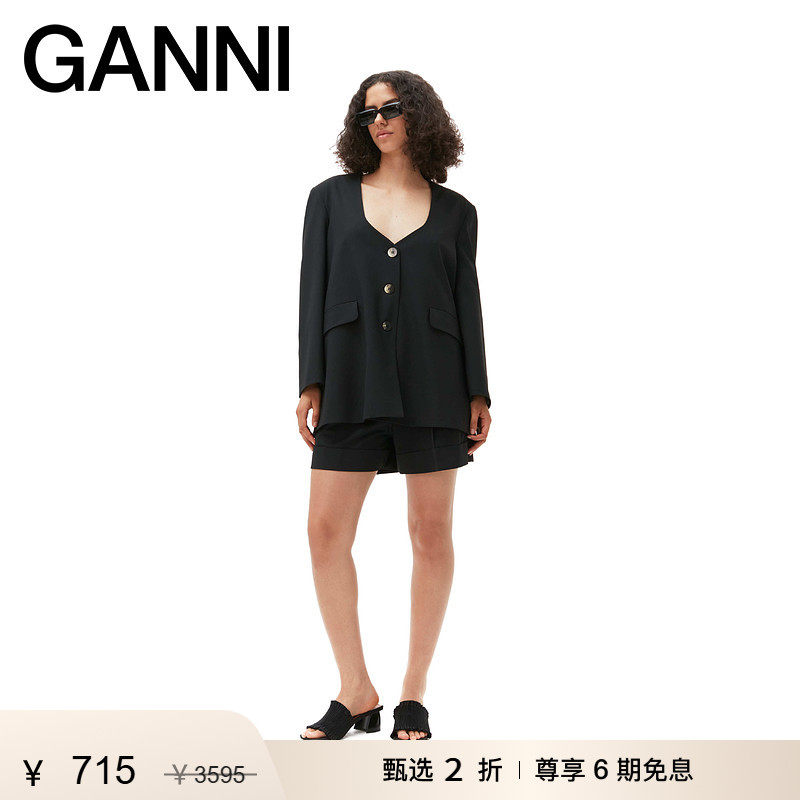 【甄选折扣】GANNI女装 黑色深V领口纽扣廓形西装外套 F7755099