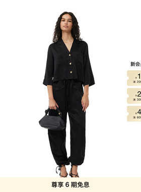 GANNI女装 黑色v领休闲短款缎面上衣衬衫 F8556099