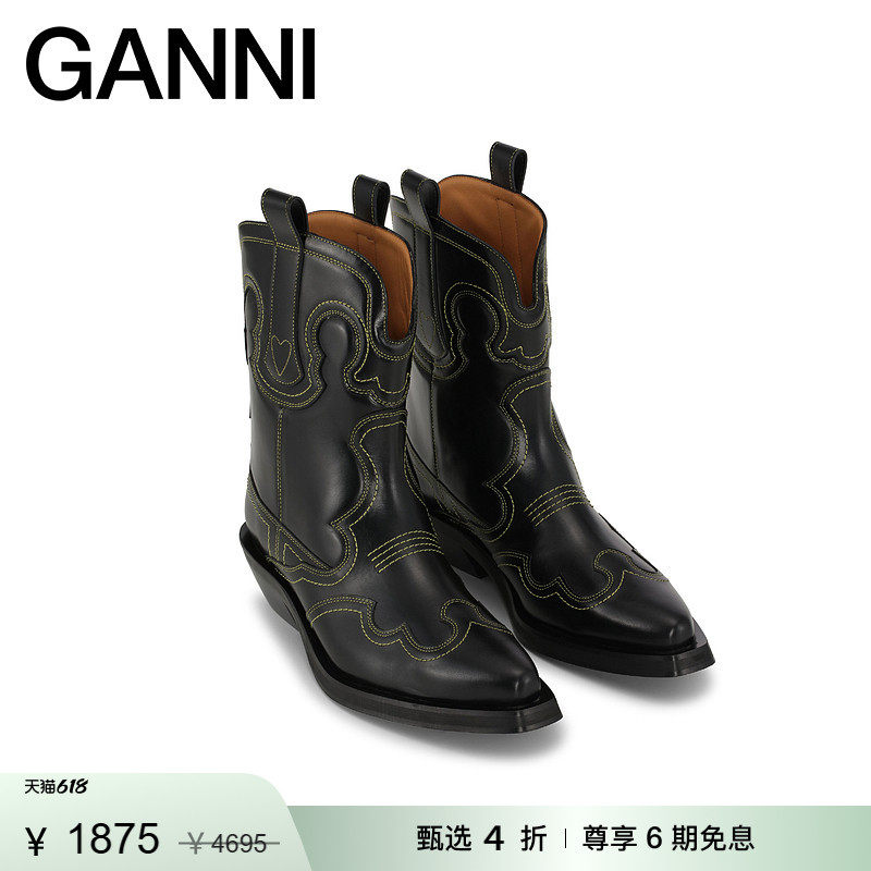 【明星同款】GANNI女鞋 复古皮革刺绣低筒西部靴骑士靴 S1989864