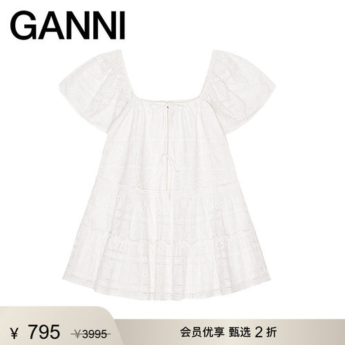 【甄选折扣】GANNI女装 温柔风白色裙子夏季纯棉连衣裙 F9332135