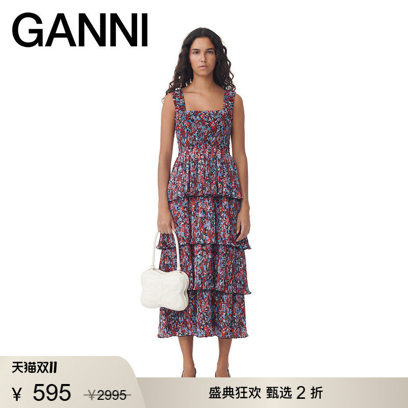 【甄选折扣】GANNI女装 夏季无袖蛋糕裙长款百褶连衣裙 F8919472