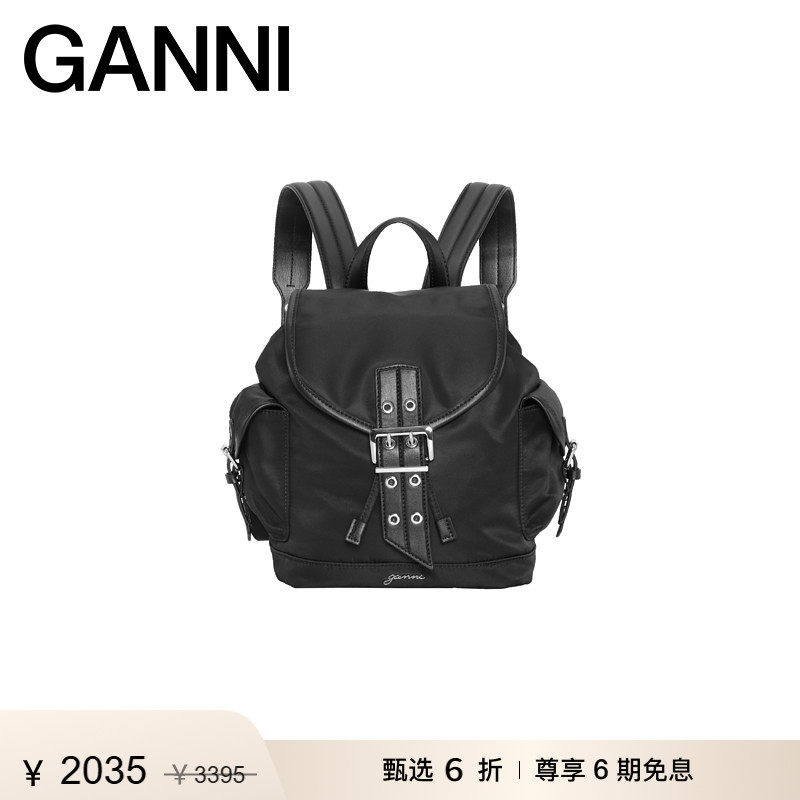 【惊喜首降】GANNI女包 黑色logo简约小号双肩包包背包 A6528099