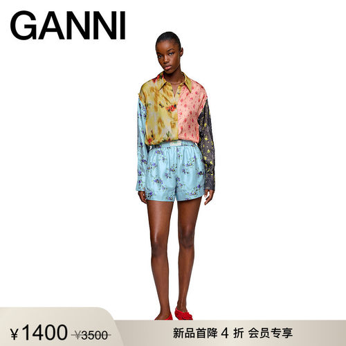 【新品首降】GANNI女装 清新印花桑蚕丝短裤休闲裤子 A111005307Z