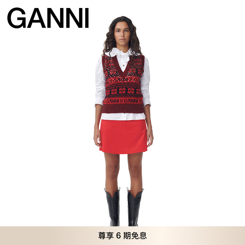 GANNI女装 红色棉质经典混纺简约修身百搭短裙夏半身裙 F8785472