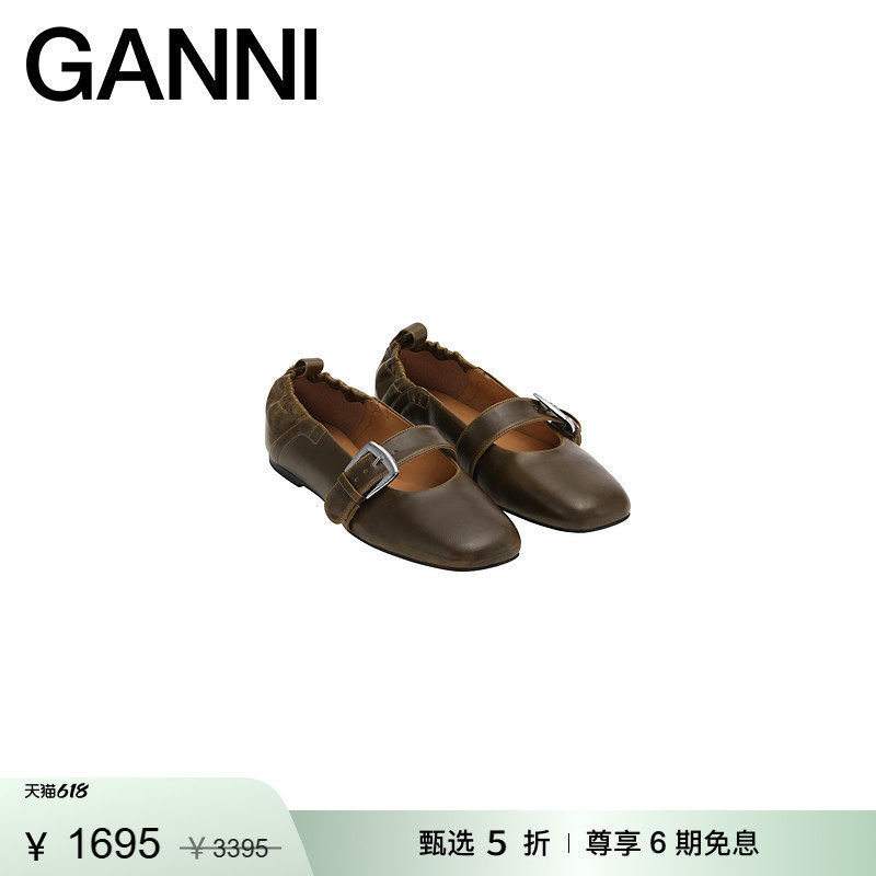【惊喜首降】GANNI女鞋 橄榄色搭扣芭蕾浅口单鞋平底鞋S3118826