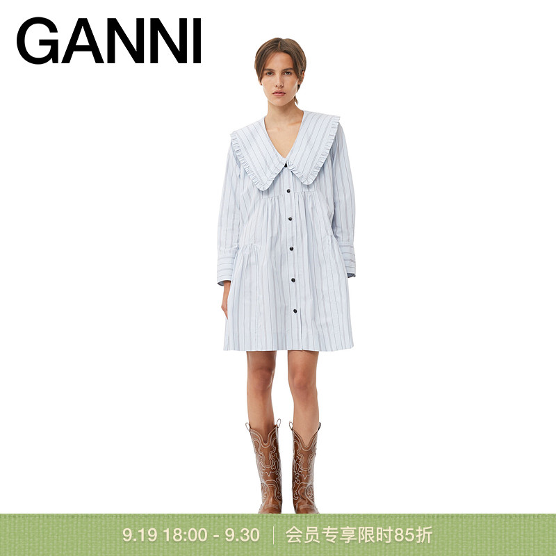 GANNI娃娃领娃娃裙约会连衣裙棉