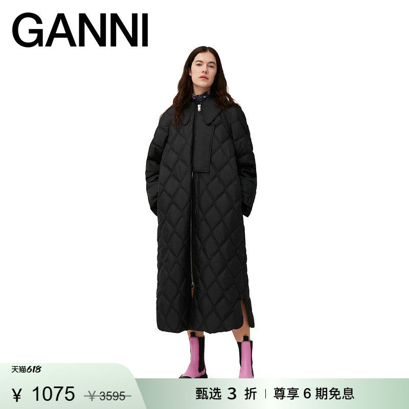 【惊喜首降】GANNI女装 翻领长款绗缝大衣棉服设计外套 F7327099