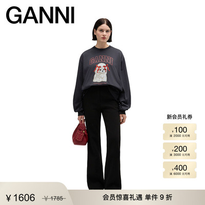 GANNI女装 趣味贵宾犬印花休闲宽松圆领长袖卫衣上衣 A1050036252