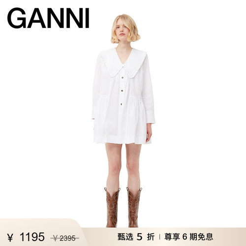 GANNI约会连衣裙娃娃领棉小白裙