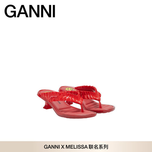 GANNI x Melissa联名 赛车红猫跟人字拖夏荷叶边女鞋 D1030016474