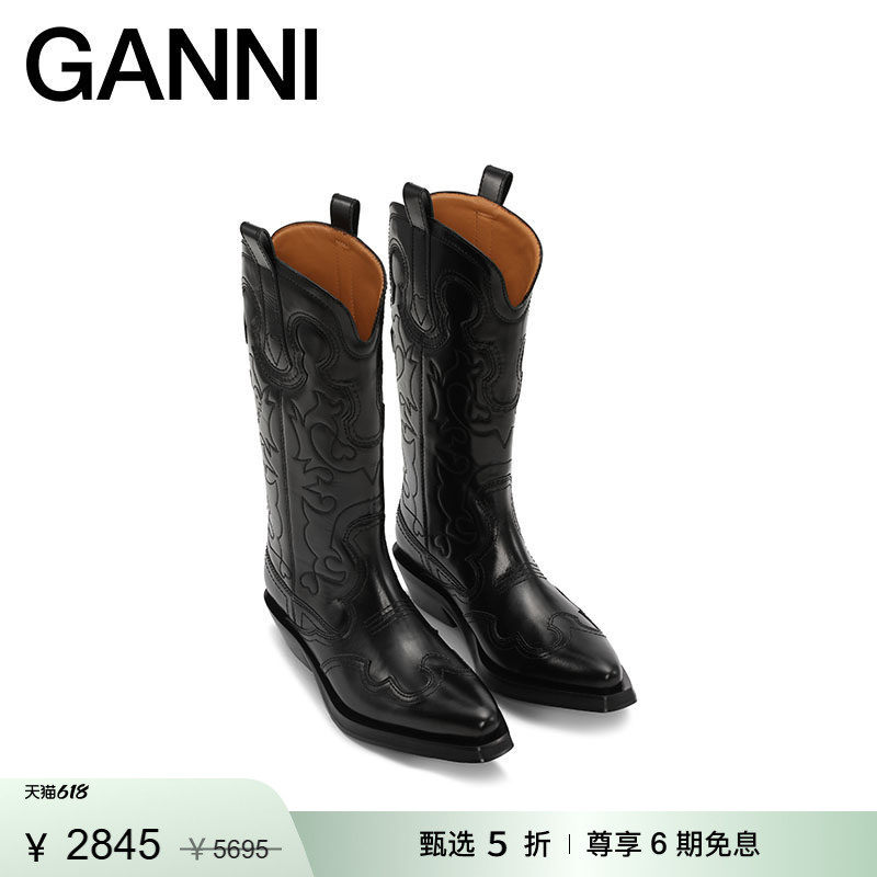 【惊喜首降】GANNI女鞋 复古刺绣时尚西部靴靴子中筒靴 S2283004