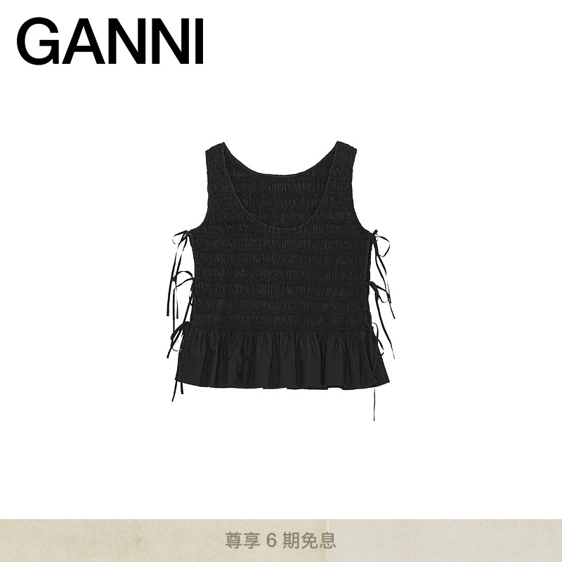 GANNI女装 黑色系带褶边系带无袖上衣背心 W0565099