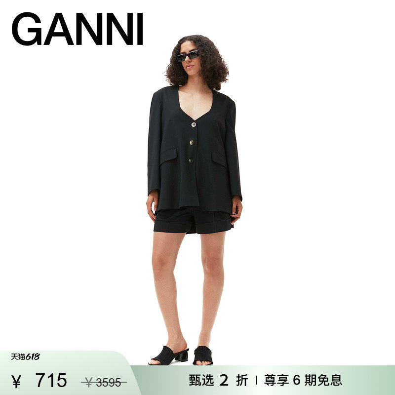 【甄选折扣】GANNI女装 黑色深V领口纽扣廓形西装外套 F7755099