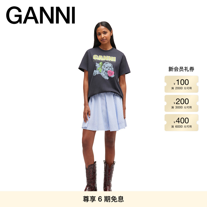 【秋冬新品】GANNI女装 趣味小狗印花宽松短袖T恤上衣 T4333252