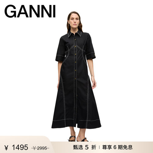 【惊喜首降】GANNI女装 法式气质翻领中袖衬衫连衣裙长裙W0579099