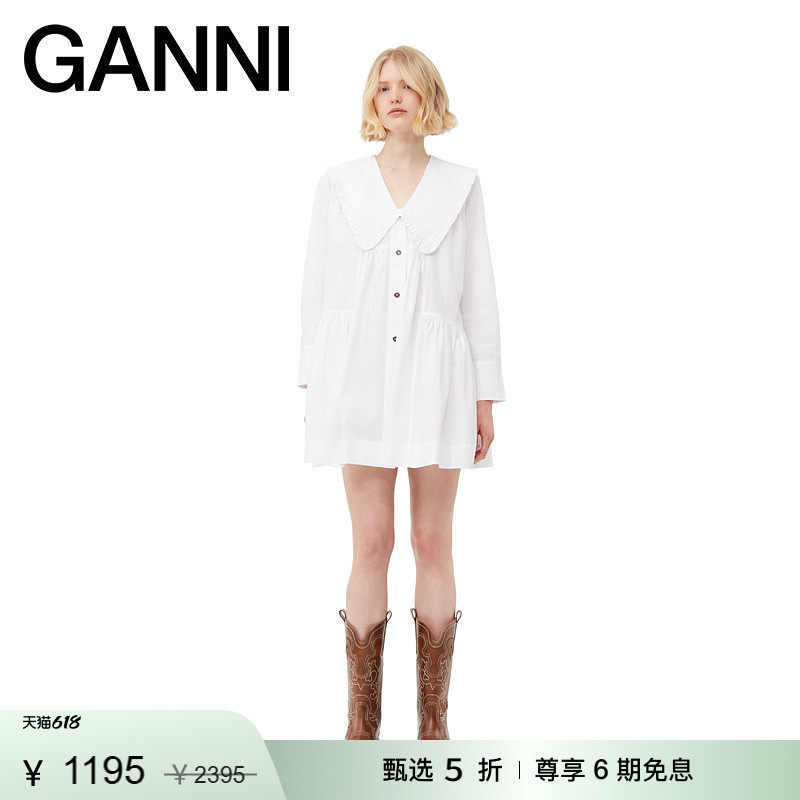 【甄选折扣】GANNI女装 白色甜美春娃娃领短款衬衫连衣裙F8634151