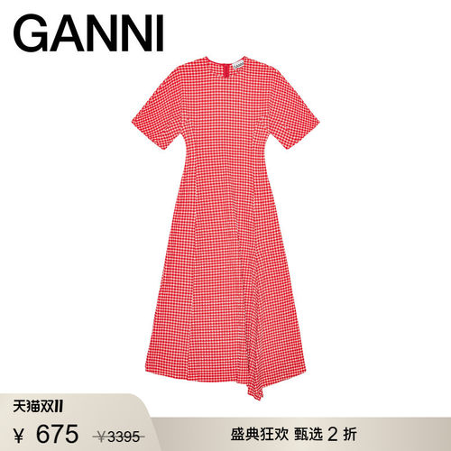 【甄选折扣】GANNI女装 优雅收腰精致度假红色格子连衣裙W0666474