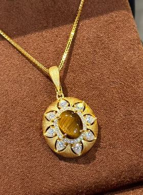 S925银中古美拉德风vintage椭圆虎眼石拉丝项链复古秋冬毛衣链