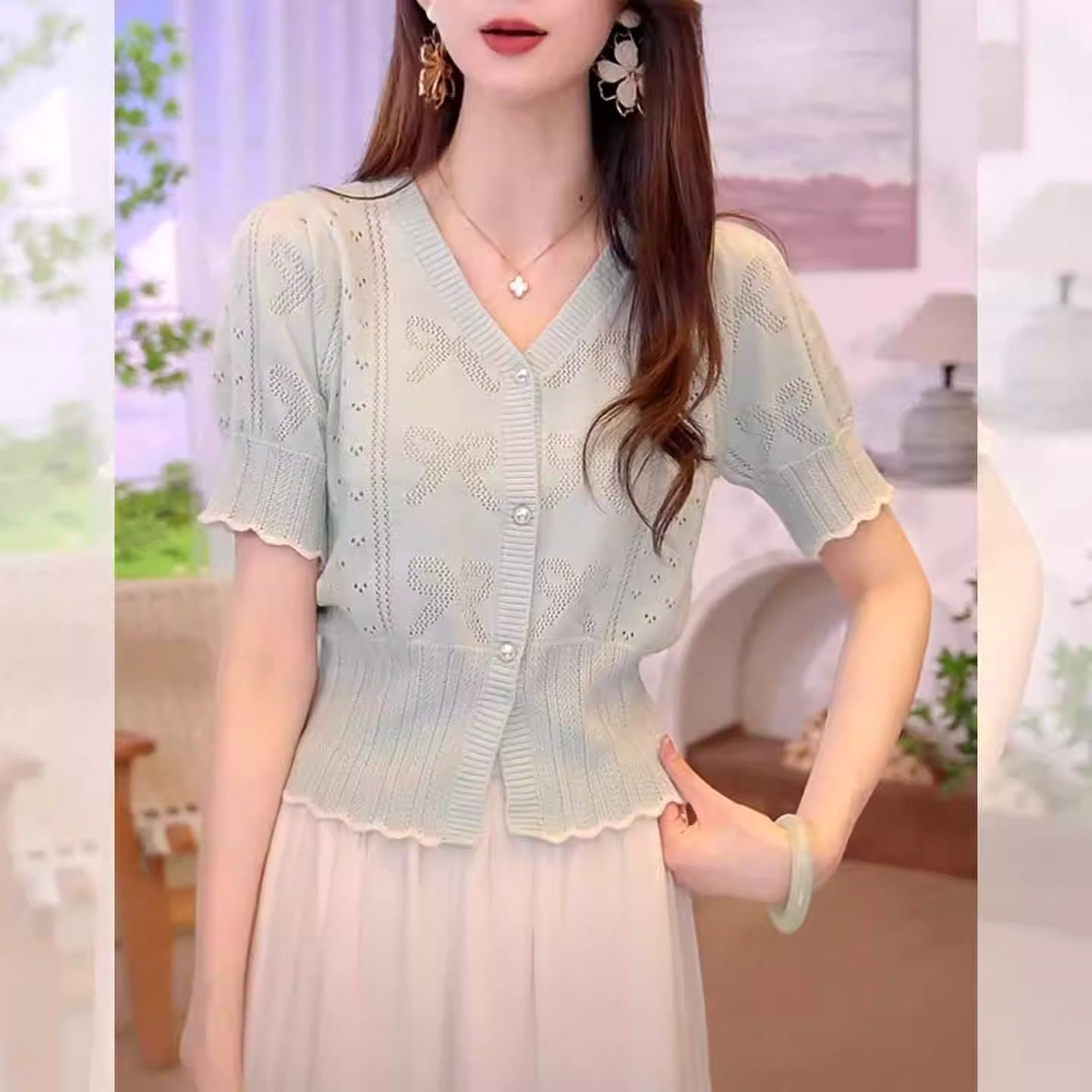 高级感镂空针织开衫短袖t恤女