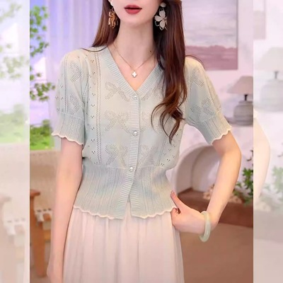 高级感镂空针织开衫短袖t恤女