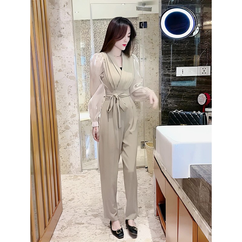 卡其色假两件绑带西服连体裤女2025春秋时尚收腰气质泡泡袖连衣裤