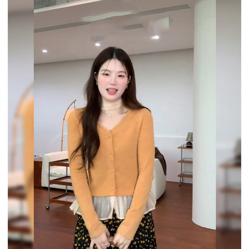 橘色开衫短款修身针织毛衣