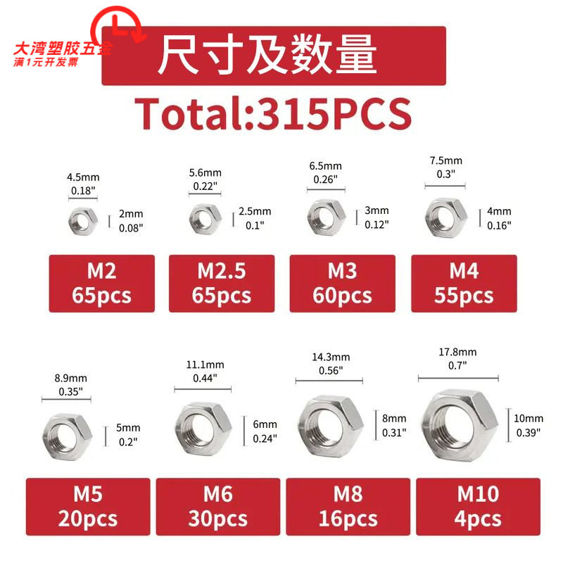 304不锈钢外六角螺帽螺丝帽315pc