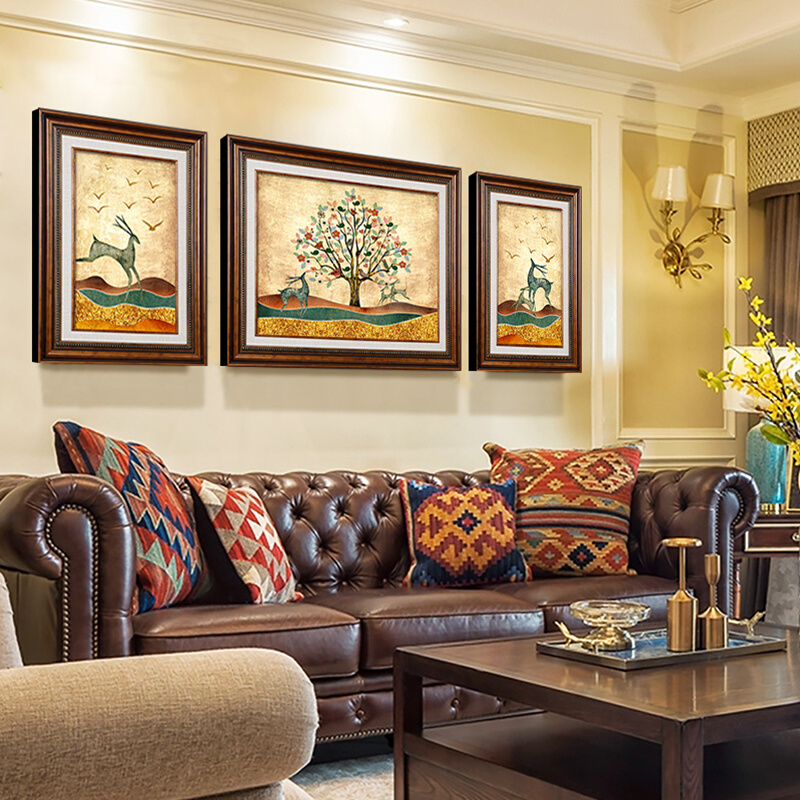 客厅装饰画美式沙发背景墙挂画抽象玄关三联画发财树墙画鹿欧式图片