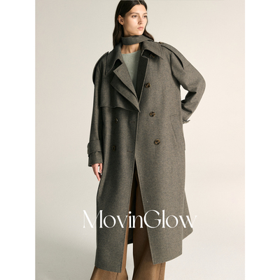 MovinGlow｜英爵公馆 高品质羊毛呢料 翻领双排牛角扣H型长款大衣