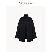 MovinGlow｜黑武士 高支羊绒羊毛双面呢 真皮镶边A字廓形高领大衣