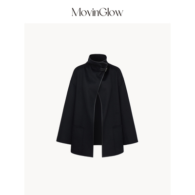 MovinGlow｜黑武士 高支羊绒羊毛双面呢 真皮镶边A字廓形高领大衣