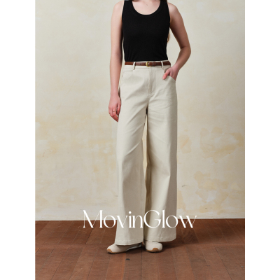 MovinGlow｜遁迹都市 高含棉仿牛仔质感 分割线高腰挺括阔腿裤