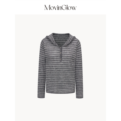 MovinGlow｜松弛线条 羊毛亚麻花纱 慵懒连帽半襟条纹针织上衣