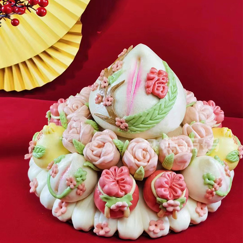 祝寿花馍大寿桃馒头老人生日过寿中式蛋糕山东寿宴寿包胶东花饽饽