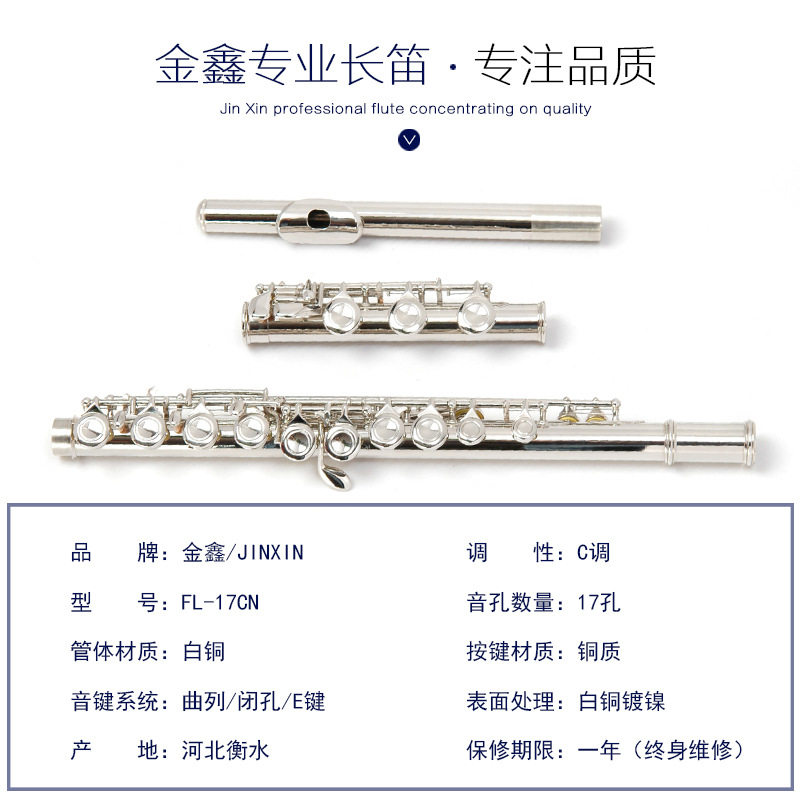 出口演奏级C调长笛17孔C调长笛E键分割镀镍C调长笛笛子乐器